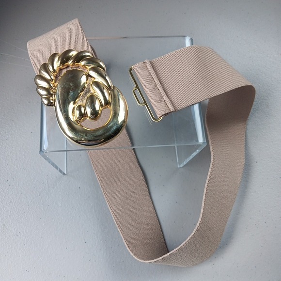 Vintage Accessories - VTG DAY-LOR 1980s Stretch Womens M/L  Belt Gold Statement Buckle Beige Old Money